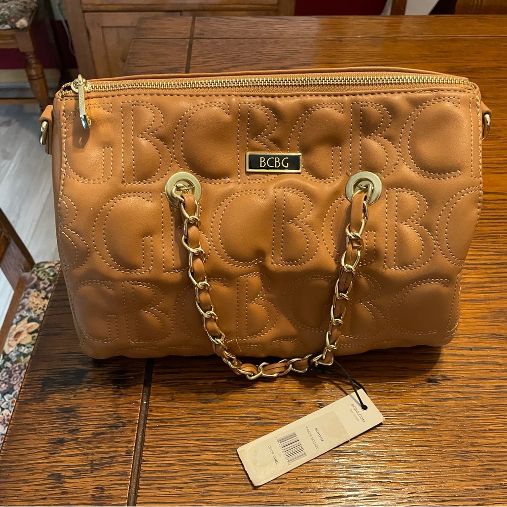 BCBG Quilted Logo Satchel in Tan with Gold Chain